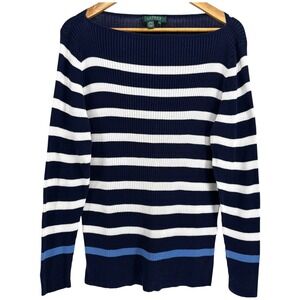 Lauren Ralph Lauren Plus 1X Navy Striped Boat Neck Sweater Ribbed Lightweight